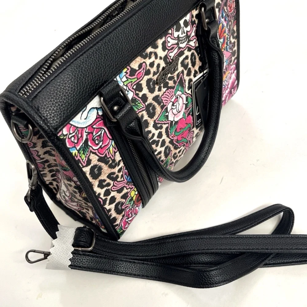 Ed Hardy Skull Leopard Tattoo Satchel Bag Roses Crossbody Handbag NWT